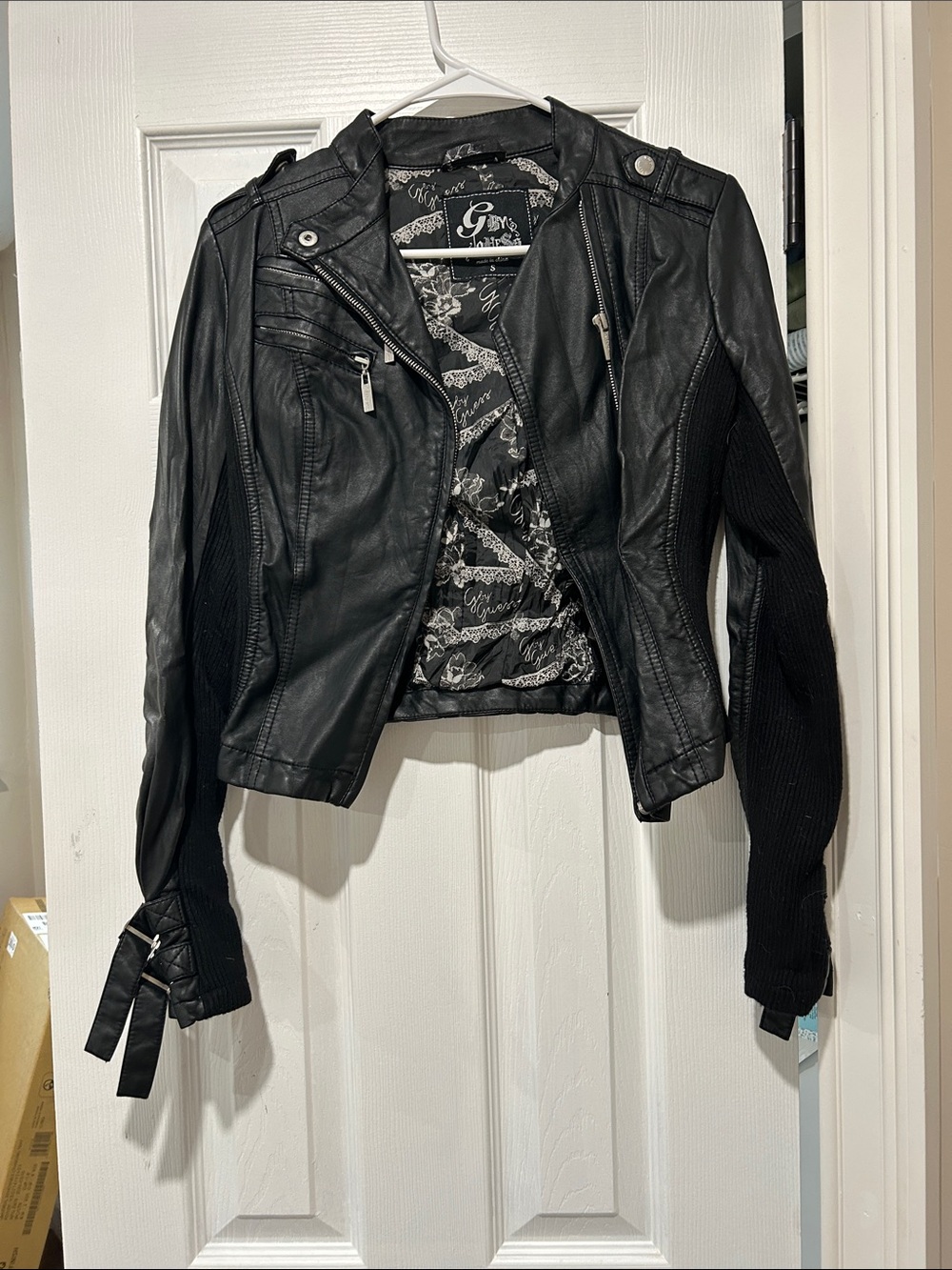 G by Guess Black Faux Leather & Knit Sleeve Moto Jacket